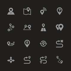 Route icons - Gray symbol on black background. Simple illustration. Flat Vector Icon.