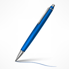 Expensive blue tilt pen with writing line on paper, isolated
