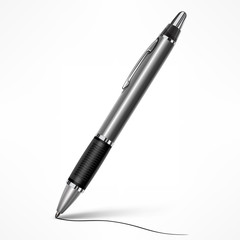 Grey tilt pen with writing line on paper, isolated white. Vector