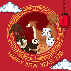 New year card template with dogs in round frame
