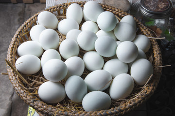 eggs on the nest in a wooden basket