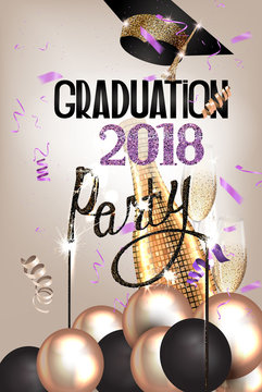 Graduation party invitation card with deco elements and sparklers. Vector illustration