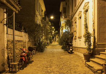 Night view of historical, old street in old town of Cunda (Alibe