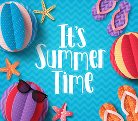 Obraz premium It's summer time vector banner with flat paper cut elements floating in blue beach pattern background for summer holiday. Seasonal background template vector illustration. 