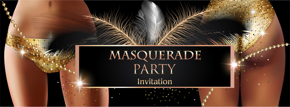 MASQUERADE PARTY INVITATION CARD WITH WOMEN, FEATHERS AND BEADS. GOLD  AND BLACK. VECTOR ILLUSTRATION