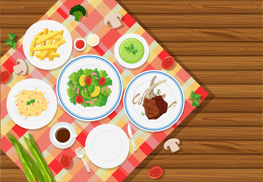 Background template with food on tablecloth