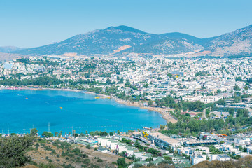 Fototapeta na wymiar Cityscape Aerial view of Aegean architecture houses and Marine