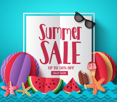 Summer sale vector banner template with white space for text and colorful paper cut beach elements for summer seasonal discount promotion. Vector illustration.
