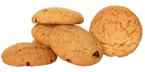 Appetizing chip cookies with raisins and candied fruit isolated