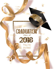 Graduation 2018 party invitation card with hat and long gold silk ribbon and confetti. Vector illustration