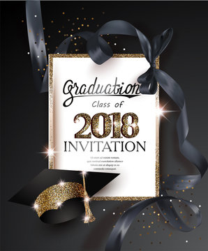 Graduation 2018 party invitation card with hat and long black silk ribbon. Vector illustration