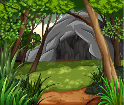 Background scene with cave in forest