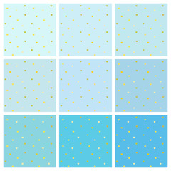 Set of light blue vector backgrounds with small Golden hearts