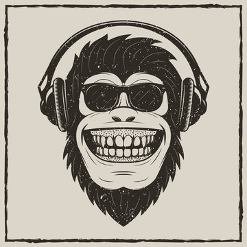 Funny monkey listening to music vector grunge t-shirt printing design