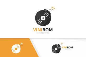 Vector vinyl and bomb logo combination. Record and detonate symbol or icon. Unique music album and weapon logotype design template.