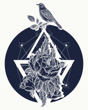 Rose and birds, tattoo and t-shirt design boho art. Beautiful flowers in geometrical style, tattoo for women