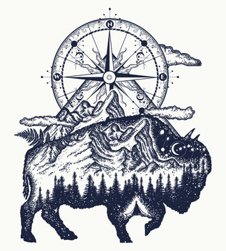 Bison double exposure, mountains, compass, tattoo art. Bison buffalo silhouette t-shirt design. Tourism symbol, adventure, great outdoor. Mountains, compass
