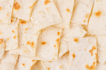 Pieces white wheat tortilla as background, texture.