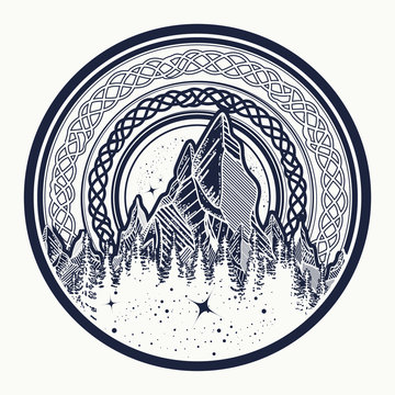 Mountains in the circle tattoo, celtic style. Great outdoors. Symbol of adventure tourism, meditation. Nature Mountain tattoo and t-shirt design tribal vector illustration