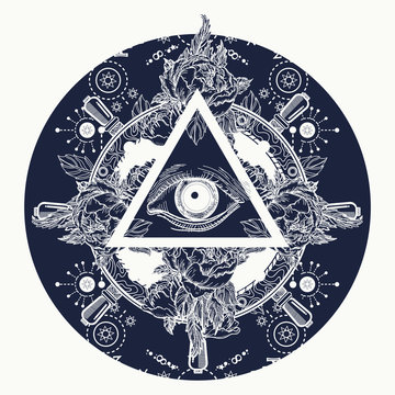 All seeing eye pyramid tattoo art. Magic eye t-shirt design. Roses and the ship's helm. Freemason and spiritual symbols. Alchemy, medieval religion, occultism, spirituality and esoteric tattoo