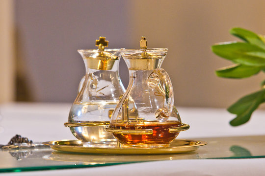 Water And Wine On The Altar Ready For Mass