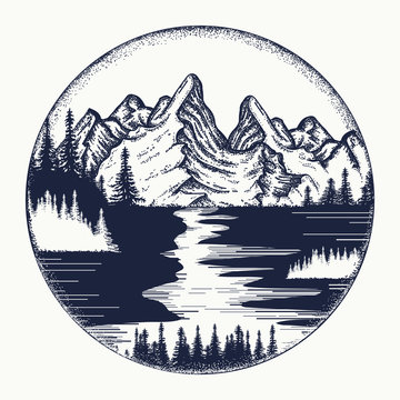 Mountains and river landscape tattoo. Symbol tourism, travel, adventure. Mountains landscape tattoo and t-shirt design