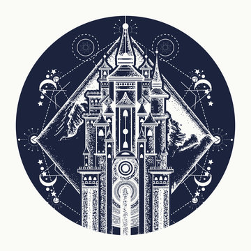 Medieval castle and mountains tattoo art. Symbol of the fairy tale, dream, magic t shirt design