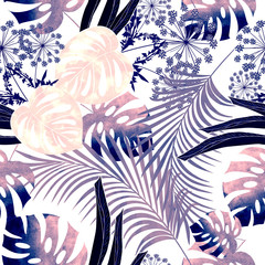 Tropical seamless pattern. A purple, pink, dark blue palm leaves on a white background.