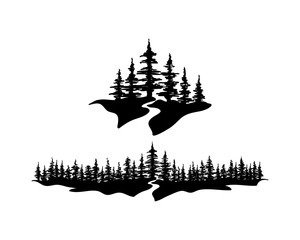 Naklejka premium Sosnowe lasy z rzeką Ilustracja Ręka Rysunek Symbol Logo wektor