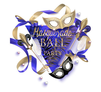 Beautiful masquerade banner with masks, beads,  bottles and glasses of champagne and ribbons. Gold and Black. Vector illustration