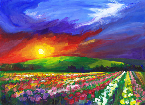 Flower fields landscape, oil painting