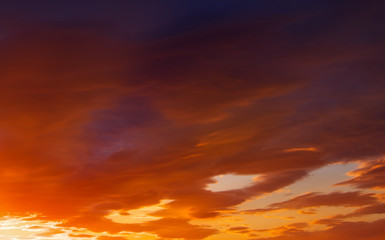 Fiery, orange and red colors sunset sky. Beautiful background