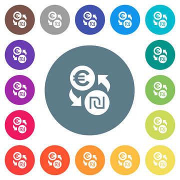 Euro new Shekel money exchange flat white icons on round color backgrounds