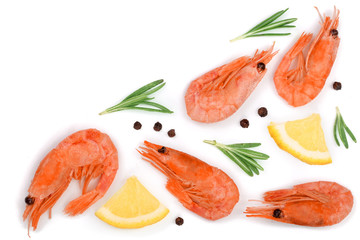 Red prawn or shrimp with rosemary and lemon isolated on white background with copy space for your text. Top view