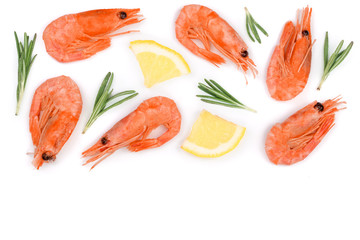 Red prawn or shrimp with rosemary and lemon isolated on white background with copy space for your text. Top view