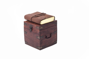 Wooden medieval box with old book in leather cover isometric