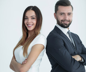 Portrait of business people back to back against white backgroun
