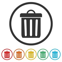 Trash bin or trash can symbol icon, 6 Colors Included