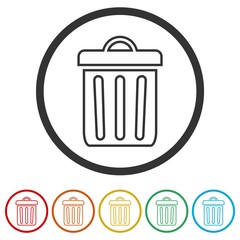 Trash bin or trash can symbol icon, 6 Colors Included