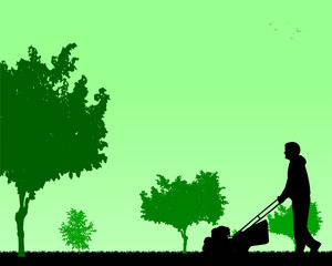 Young man cut the lawn or mow the grass in garden, one in the series of similar images silhouette