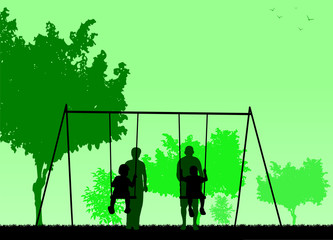 Grandfather and grandmother swinging grandchildren on a swing in the park, one in the series of similar images silhouette
