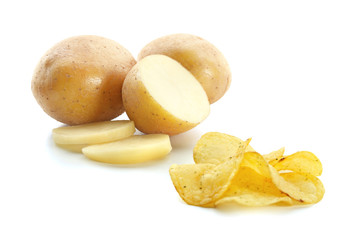 Yummy crispy chips and raw potato isolated on white