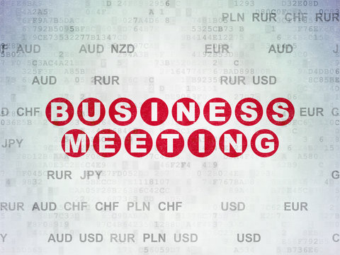Finance concept: Painted red text Business Meeting on Digital Data Paper background with Currency