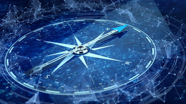 E-Business network concept. Compass Direction On Digital Code Blue Background. 3d rendering