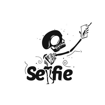 Skeleton taking selfie on smart phone vector illustration.