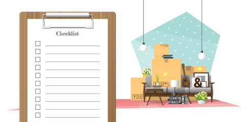 Moving home concept with survey clipboard and pile of furniture background , vector , illustration