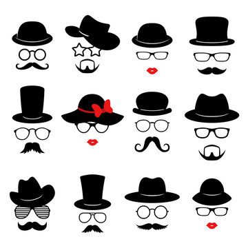 Man and woman faces. Photo props collections. Retro party set with glasses, mustache, beard, hats and lips. Vector