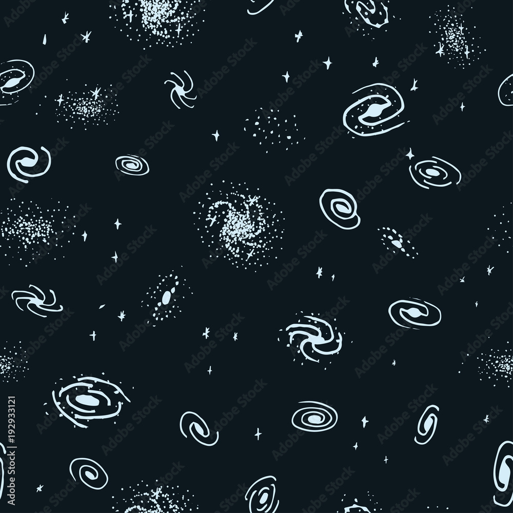 Wall mural vector seamless hand drawn galaxy background from spiral, elliptical, lenticular and irregular nebul