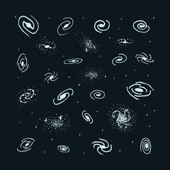 Vector set of hand drawn galaxy. Spiral galaxy, elliptical galaxy, lenticular and irregular nebula. Space sign - obrazy, fototapety, plakaty