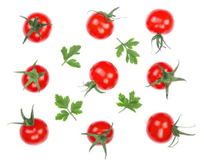 Cherry small tomatoes with parsley leaves isolated on white background. Set or collection. Top view. Flat lay